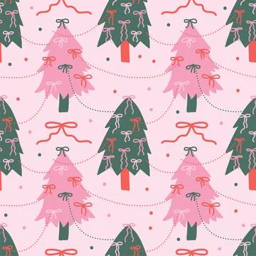 Coquette seamless pattern with hand drawn Christmas trees decorated ribbons Illustrazione stock