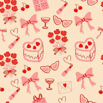 Coquette seamless pattern with hand drawn hearts, cake, glasses of champagn.. Stock Illustration