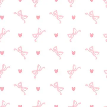 Coquette seamless pattern pink ribbon bow and hearts on white background. V.. Stock Illustration