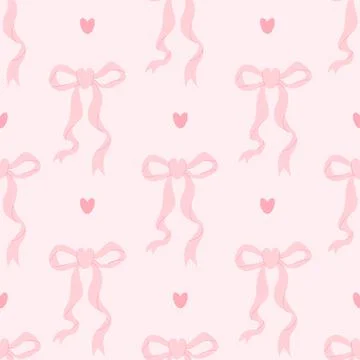 Coquette seamless pattern ribbon bow and hearts on pink background. Vector .. Stock Illustration