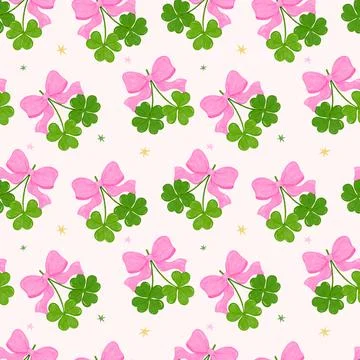 Coquette Seamless Pattern St Patrick Four Leaf Clover with pink bow watercolo 스톡 일러스트