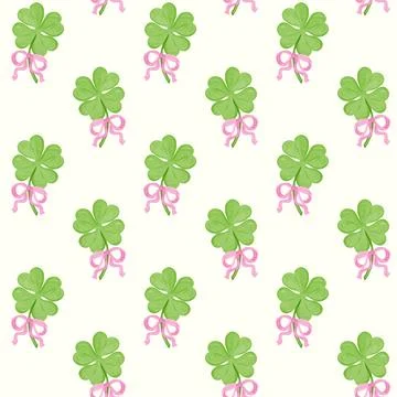 Coquette Seamless Pattern St Patrick 4 Leaf Clover with pink ribbon bow wal.. Illustrazione stock
