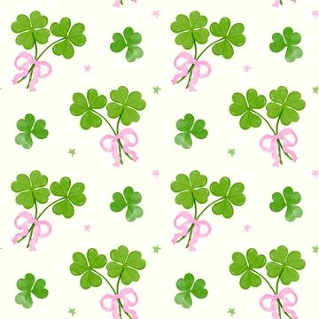 Coquette Seamless Pattern St Patrick 4 Leaf Clover with pink bow wallpaper .. 스톡 일러스트