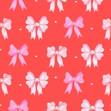 Coquette seamless pattern with various pink bow knots. Red background romanti Stock Illustration