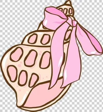 Coquette Seashell Conch Shell with Pink Ribbon bow Pastel Summer Stock Illustration