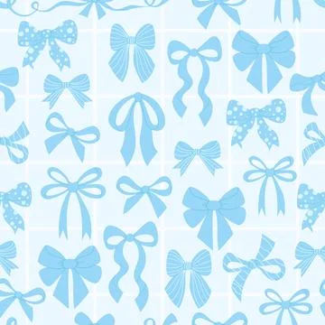 Coquette soft blue bow. Seamless pattern decorative ribbon bow-knot on chec.. Stock Illustration