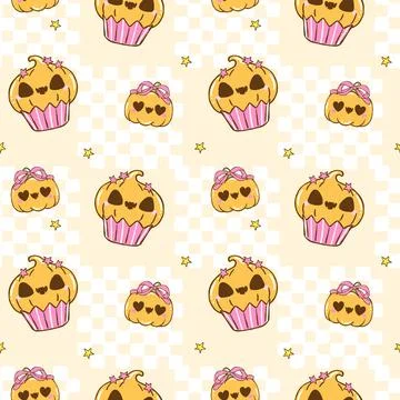 Coquette Spooky Halloween Seamless Pattern Retro Sweet with bow Doodle hand.. Stock Illustration