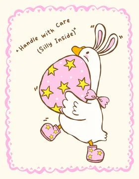 Coquette spring silly goose easter hugging egg cartoon hand drawn Stock Illustration