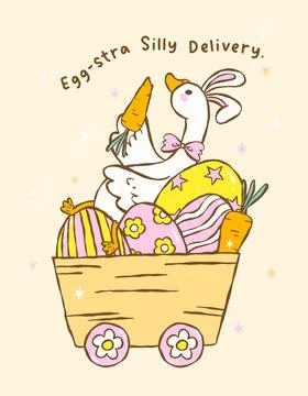 Coquette spring silly goose easter with carrot in egg wood cart cartoon han.. 库存插图
