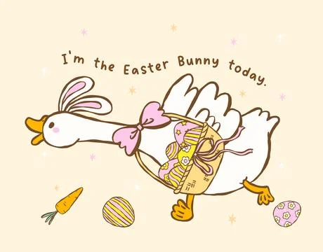 Coquette spring silly goose easter anxiety with egg basket cartoon hand drawn 库存插图