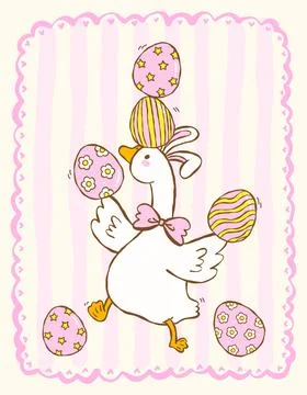 Coquette spring silly goose easter balancing eggs cartoon hand drawn 库存插图