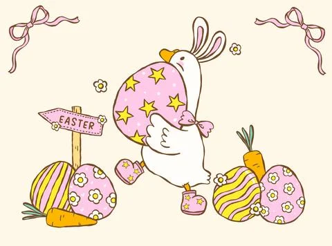 Coquette spring silly goose easter carrying egg cartoon hand drawn Stock Illustration
