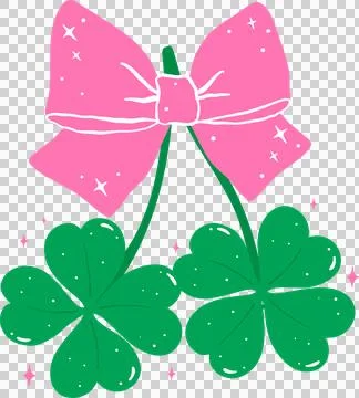 Coquette St Patrick 4 Leaf Clover with Pink Bow Flat Design Stock Illustration