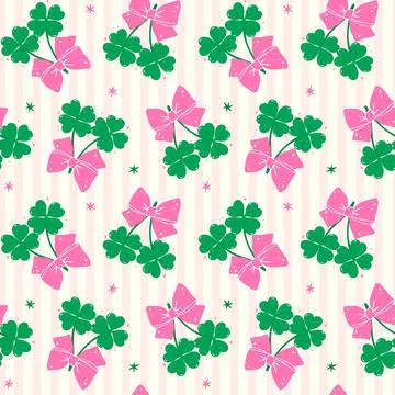 Coquette St Patricks Seamless Pattern Day 4 Leaf Clover with Bow Retro Girl.. Illustrazione stock