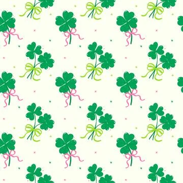 Coquette St Patricks Seamless Pattern Day 4 Leaf Clover with Bow Retro Girl.. Illustrazione stock