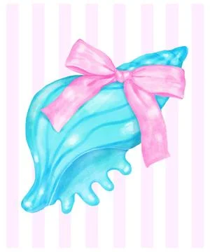 Coquette Summer Blue Conch SeaShell with Pink Ribbon Bow Watercolor Stock Illustration