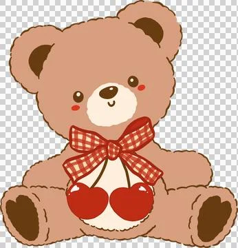 Coquette Teddy Bear with Cherry Gingham Bow Heart Hand Drawn Stock Illustration