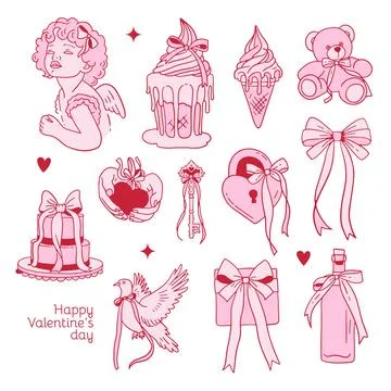 Coquette Valentine s day elements set decorated with coquette bows, ribbons Stock Illustration