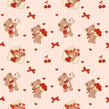 Coquette Valentine seamless pattern Romantic Teddy Bear with Love delivery .. Stock Illustration