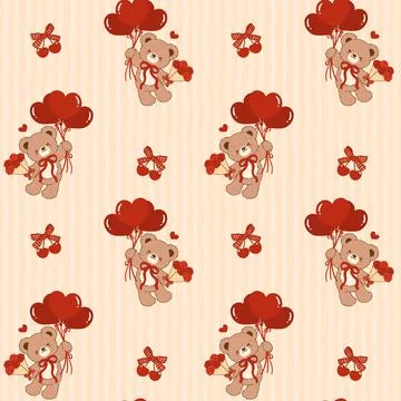 Coquette Valentine seamless pattern Romantic Teddy Bear with heart balloons.. Stock Illustration