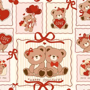Coquette Valentine Teddy Bear Frames seamless pattern Romantic Vintage Retr.. Stock Illustration