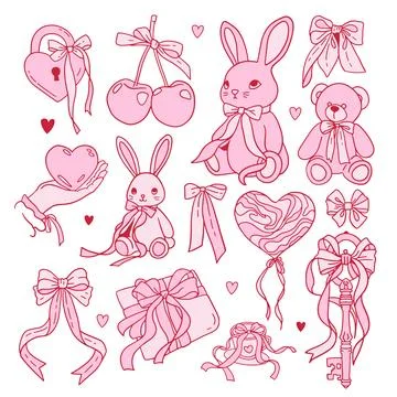 Coquette Valentines day elements set decorated with coquette bows, ribbons. Love Stock Illustration