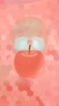 Coral colored apple with subtle skull behind hexagon grid.... Stock Illustration