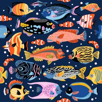 A coral fish seamless pattern with exotic tropical underwater animals. Stock Illustration