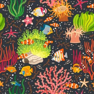 Coral reef seamless pattern with underwater animal Illustrazione stock