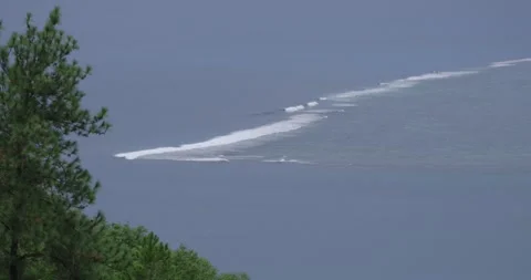 Coral reef wave break viewed from mountain overlook in the south Pacific Stock Footage 308653322