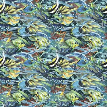 Coral reefs with algae, waves of water, fish, sea sponges, bubbles. Watercolor Illustrazione stock