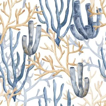 Coral reefs seamless Pattern on isolated background. Hand drawn watercolor Stock Illustration
