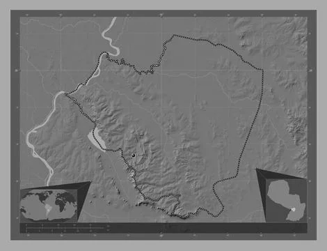 Cordillera, Paraguay. Bilevel elevation map with lakes and rivers 库存插图