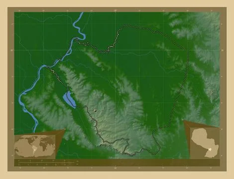 Cordillera, Paraguay. Colored elevation map with lakes and rivers Stock Illustration