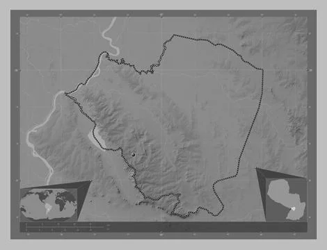 Cordillera, Paraguay. Grayscale elevation map with lakes and rivers Ilustração Stock