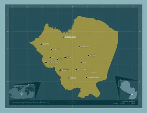 Cordillera, Paraguay. Solid. Labelled points of cities Illustrazione stock
