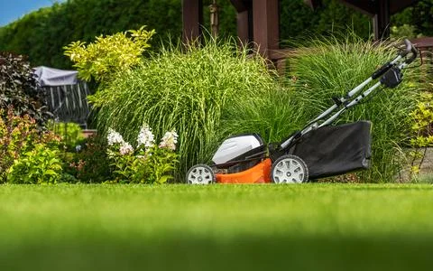 Cordless Battery Powered Grass Mower in the Garden Foto stock