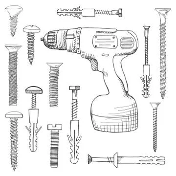 Cordless Drill and different screws. Ilustração Stock