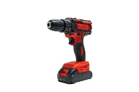 Cordless drill driver in red and black on white background. Stock Photos
