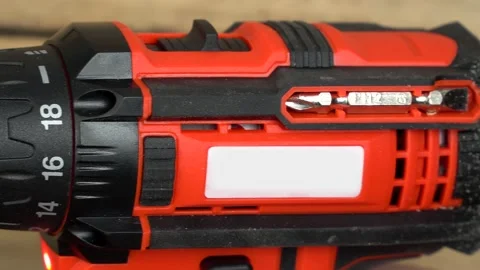 Cordless hand drill driver with auger bit, close-up Stock Footage 152934386