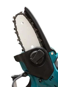 Cordless mini chainsaw guide bar and cutting chain isolated on white backgrou Stock Photos