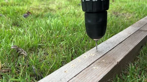 Cordless power drill is drilling a hole into wooden board or beam. Stock Footage 346720816