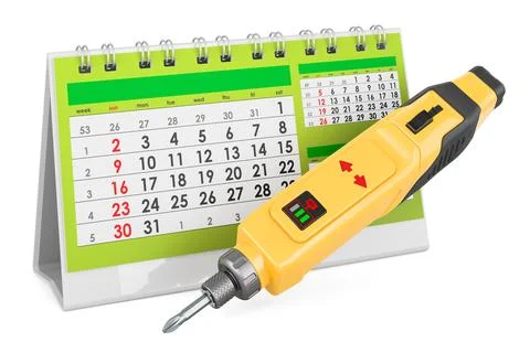 Cordless Screwdriver, Electric Screw Driver with desk calendar, 3D rendering Stock Illustration