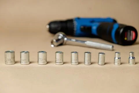 Cordless screwdriver tool kit with sockets for home repairs Stock Photos