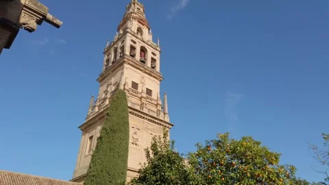 Cordoba Cathedral Bell Tower as Seen From Orange Tree Courtyard Stock Footage 329052711