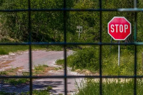 Cordoned off path in the forest with a stop sign Stock Photos