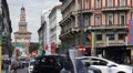 Cordusio Square Cars Motorcycle Passing Milan Sforzesco Castle Day Expo 2015 HD Footage