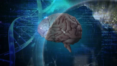 Core 3D brain floating and rotating after torso, DNA appearing, mapping neural Stock Footage 328396431