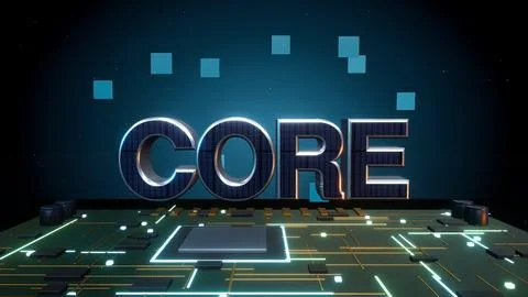CORE 3D Text with a Processor Core on a Circuit Board Stock Illustration