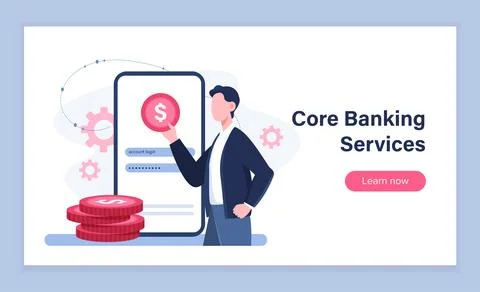 Core banking services poster. Man near stack of coins. Cashless transfers and Stock Illustration